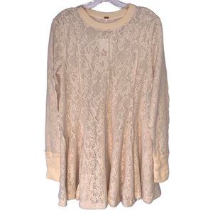 Free People Long Sleeve Cream Lace Mini Sweater Dress (Size: SP)